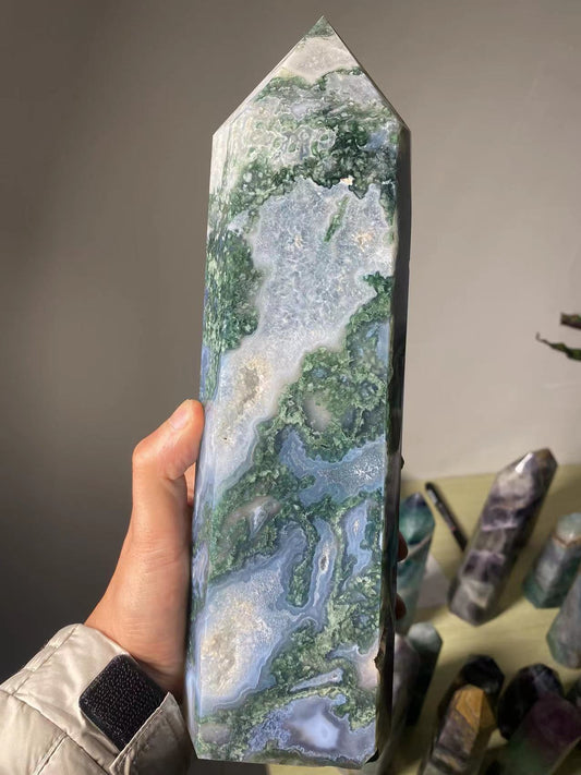 Natural large moss agate crystal tower